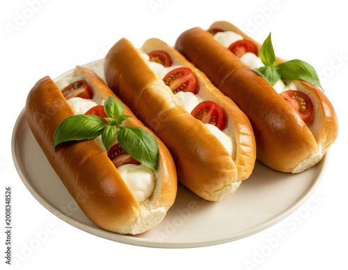 Three hot dog buns filled with fresh mozzarella cheese, cherry tomatoes, and green basil leaves