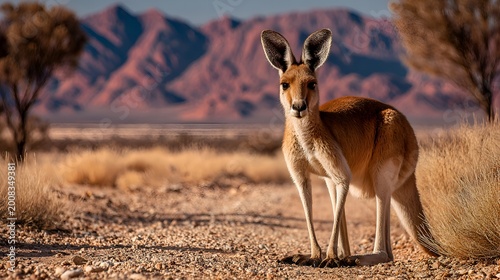 A kangaroo stands alert in the Australian outback with red rock mountains in the blurred background on a sunny day in the Northern Territory.