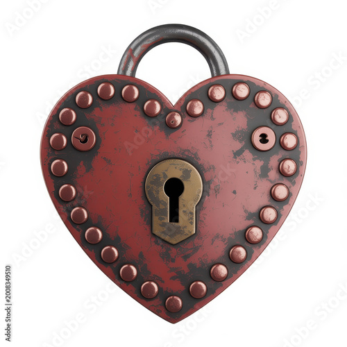 Vintage style red heart shaped padlock with metal studs isolated on a white background