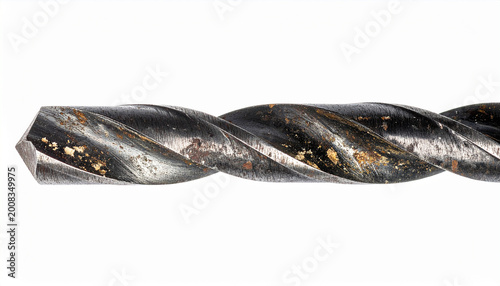 Extreme close-up of a heavily used metal drill bit showing rust and wear