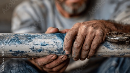 Close up of weathered hands gripping wooden pipe with visible wear and patina, showing experienced tradesman at work. Blue-collar labor, skilled trades, construction craftsmanship.