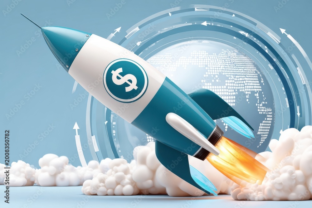 © Georgii - Financial rocket launching toward global growth and startup success with dollar symbol and data globe
