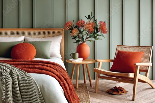 Cozy modern bedroom with orange accents, rattan bed and chair, textured throws and vase