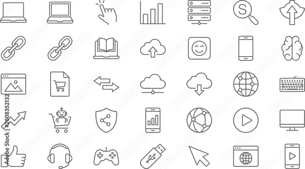 Fototapeta premium Digital Technology and Internet Icon Set with Devices, Data, Cloud, Security, and E-Commerce Symbols for Online and IT Designs