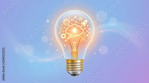Glowing light bulb emits warm light with swirling gears and symbols.