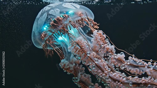 Glowing jellyfish swimming in dark water.