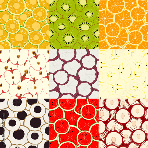 Bild auf Leinwand Tropical Fruit Seamless Pattern, Jackfruit, Kiwi, Orange, Apple, Mangosteen, Banana, Longan, Watermelon, Rambutan