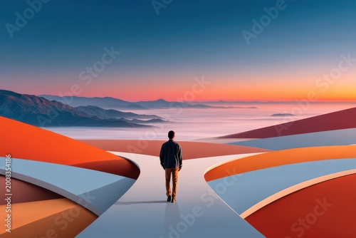 Lone figure walking along surreal curved path at sunset above misty mountains, conceptual journey and choice