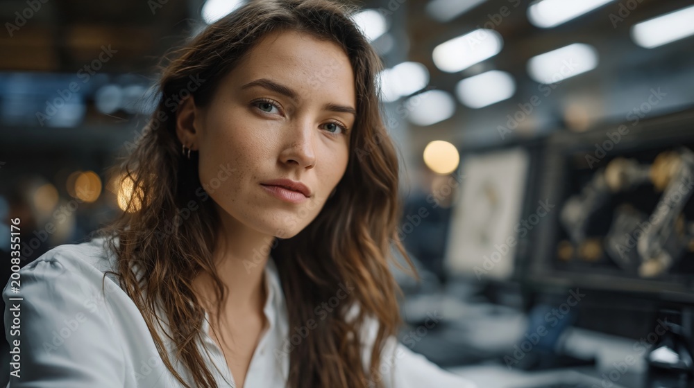 Fototapeta premium Professional woman in modern office environment with thoughtful expression looking away. Corporate leadership, workplace confidence, business portrait, professional mindset.