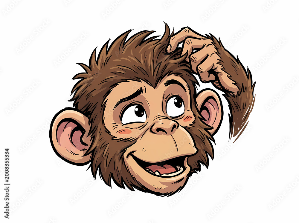 Obraz premium Cartoon illustration of a curious monkey scratching its head.