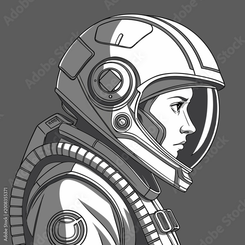 Astronaut wearing advanced space suit helmet profile with sci fi astronaut explorer cosmonaut portrait technology exploration astronomy character illustration headgear scientific adventure