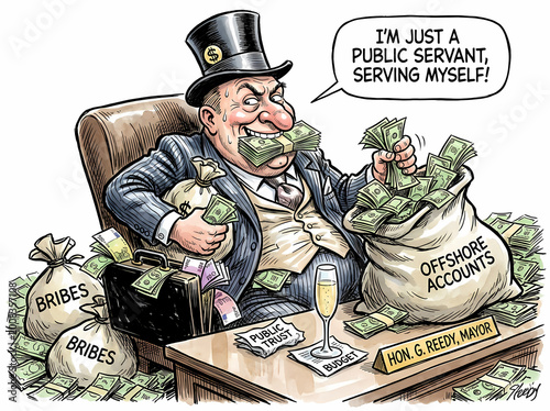 Political cartoon depicting a corrupt mayor stuffing money into offshore accounts.