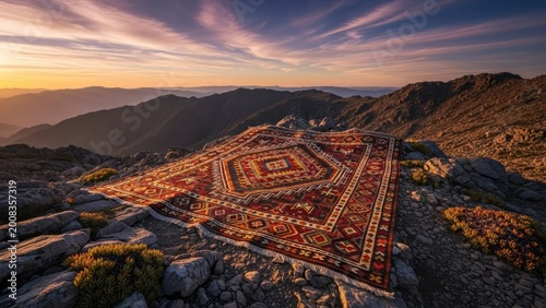 ancient persian carpet labyrinth at sunrise in mountainous desert landscape