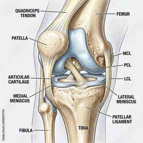 AI Generated Human Knee Joint Anatomy with Ligaments and Cartilage Labeled Illustration