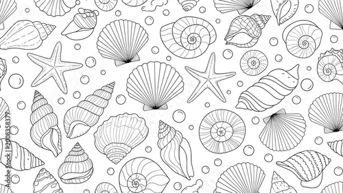Intricate black and white vector pattern of various sea shells, starfish, and air bubbles creating a beautiful nautical background.