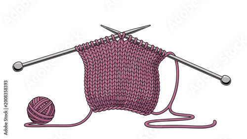 Pink knitted fabric on two metallic knitting needles with a ball of yarn representing traditional handicrafts and creative hobbies.