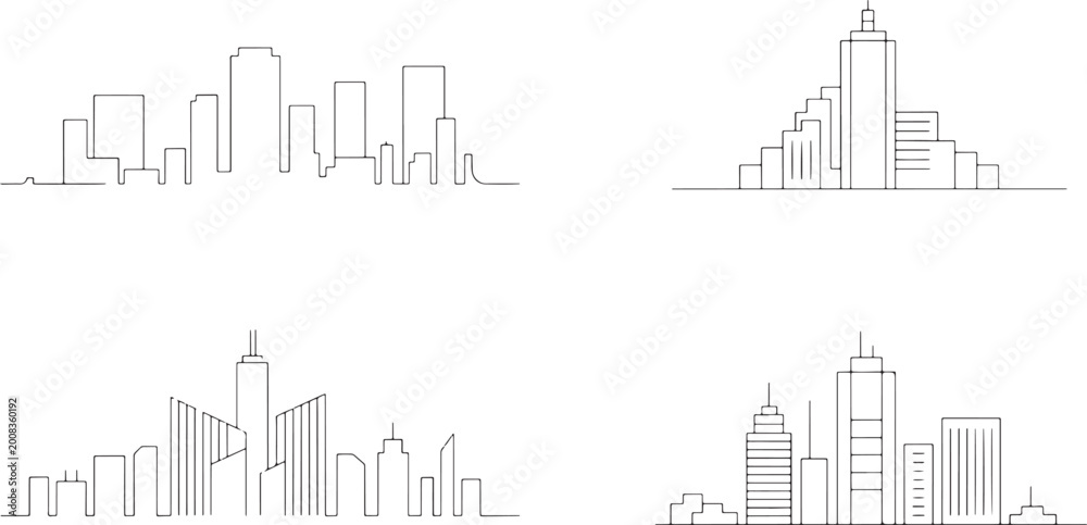 Fototapeta premium City skylines 4 linear vector compositions featuring modern urban architecture silhouettes