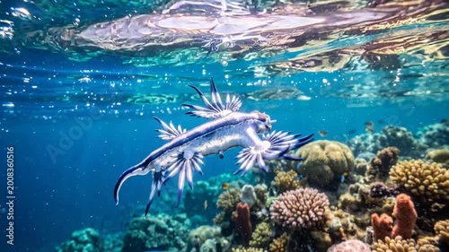 Blue dragon sea slug swimming over coral reef