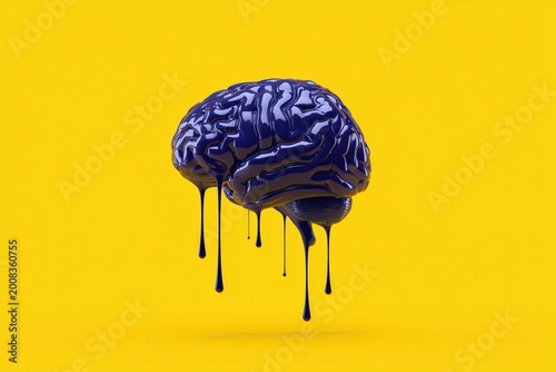Glossy Indigo Dripping Brain 3D Psychology Concept