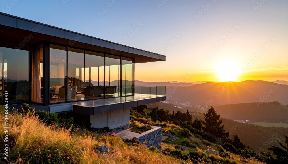 Obraz premium A serene landscape of a summer sunset over the lake features a modern house with a unique roof nestled among trees and grass under a vibrant sky with clouds reflecting on the water