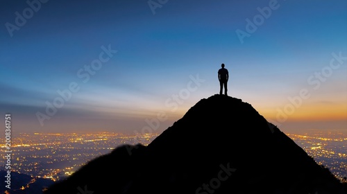 Silhouette of man standing on top of mountain peak at dusk with city lights in background