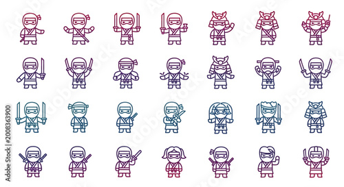 Cute Ninja Characters Set: Diverse Warriors with Swords and Shurikens, Pixel Art Style