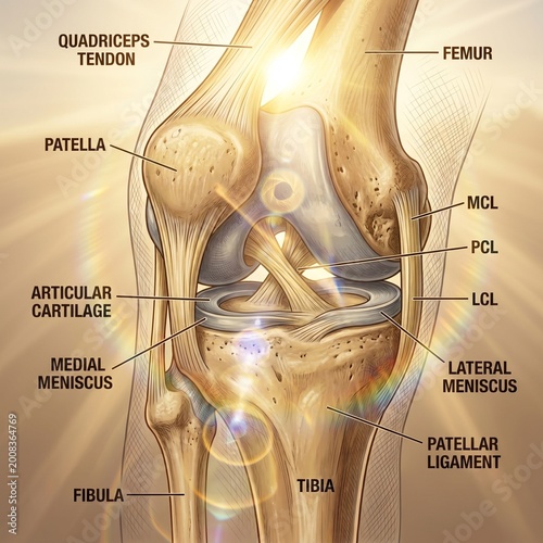 AI-generated detailed medical illustration of the human knee joint anatomy with labeled structures, including ligaments, cartilage, meniscus, femur, tibia, and patella. Ideal for educational, healthca