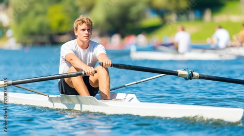 Young rower training on calm water