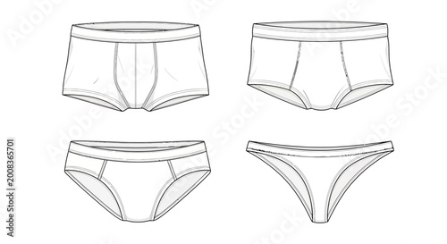 Set of Underwear Fashion Flat Sketches: Boxer Briefs, Briefs, Bikini, and Hipster Styles