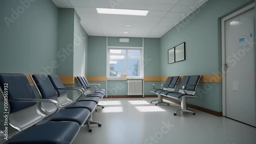 A waiting room interior with several blue chairs and a window