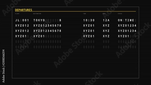 Digital airport departures board displaying flight information