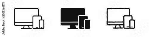Photos Multiple Devices Screen Icon Set Including Monitor, Tablet, and Phone in Outline