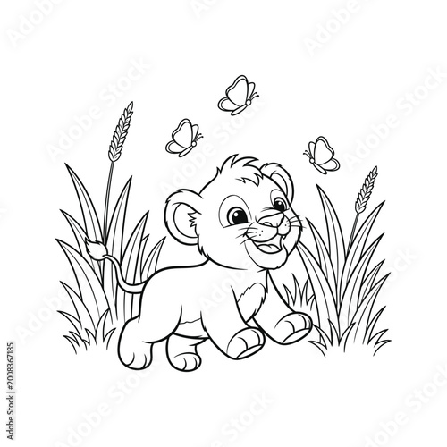 Photos Cute Cartoon Baby Lion Cub with Butterflies in Grass Vector Line Art Coloring Pa