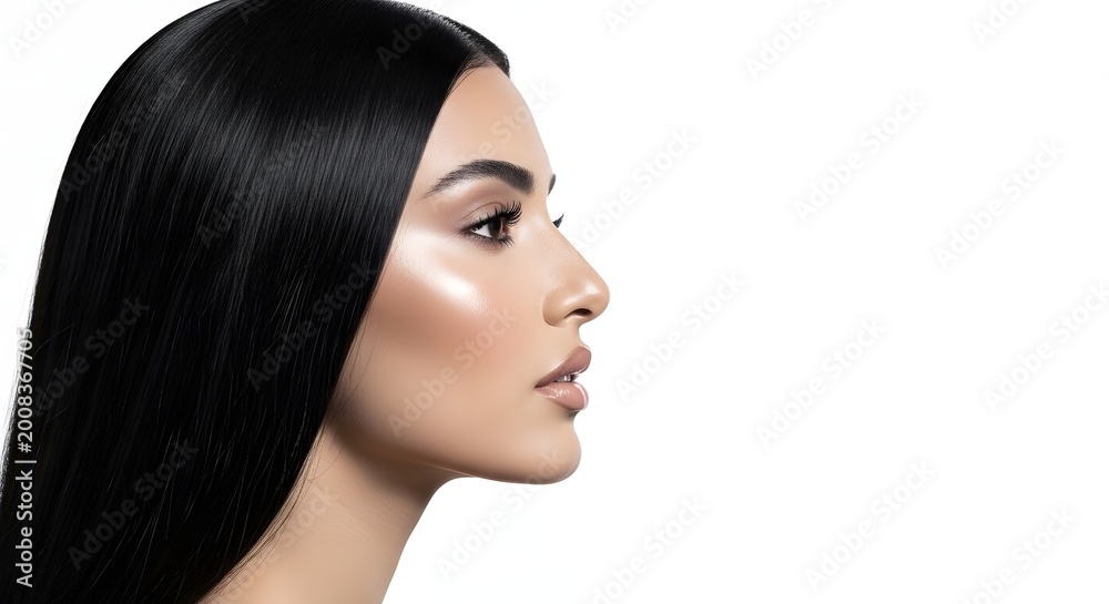Naklejka premium Beautiful Asian Woman Model with Sleek Black Hair Profile