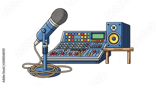 Schilderij op canvas Audio mixing console, microphone, and speaker