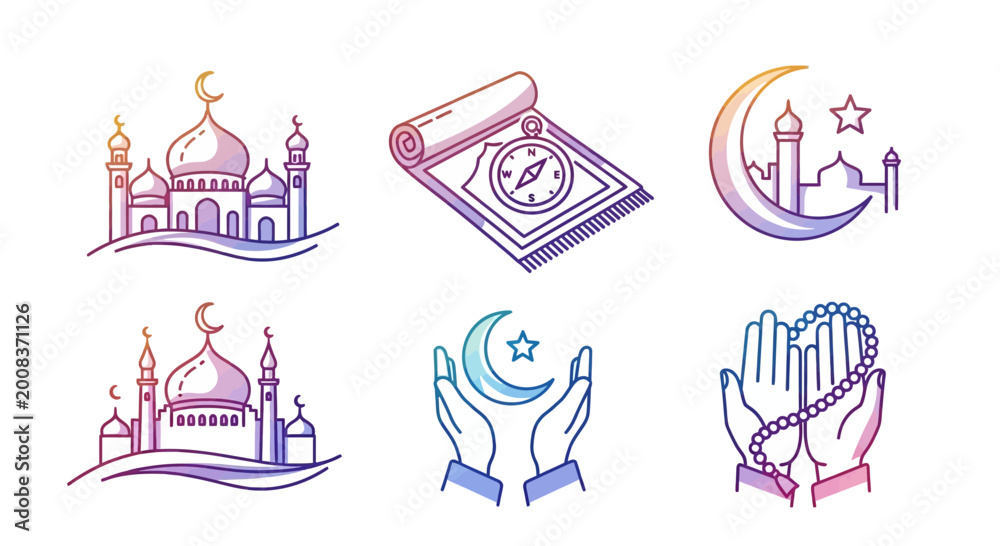 Fototapeta premium Islamic Icons Set: Mosques, Prayer Mat, Moon, Hands, Rosary - Ramadan, Eid Celebration