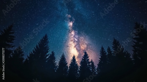 The Milky Way rising above a dense forest, with tall trees silhouetted against the sky