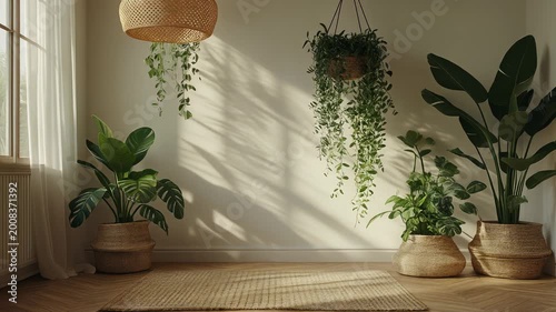 Four potted plants sit on a wooden floor in a room with natural light.