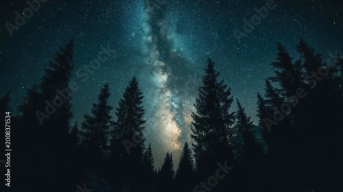 The Milky Way rising above a dense forest, with tall trees silhouetted against the sky