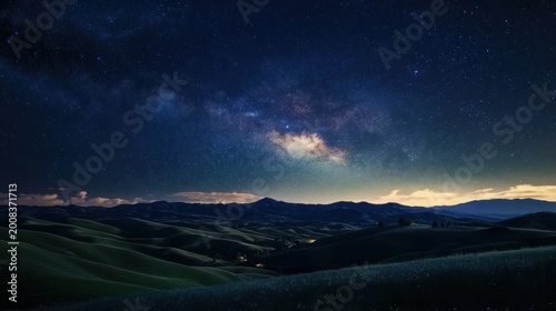 The Milky Way stretching across the sky above a serene valley, with rolling hills below