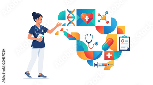 A cheerful nurse stands beside a colorful vector illustration symbolizing the global healthcare system, celebrating International Nurses Day with icons representing the healthcare sector