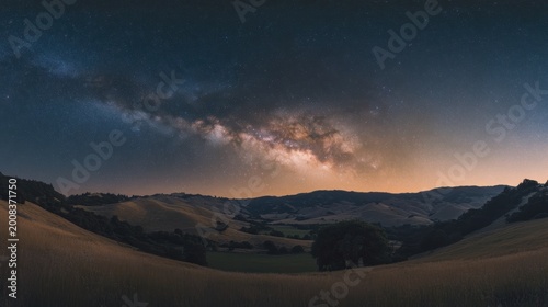 The Milky Way stretching across the sky above a serene valley, with rolling hills below