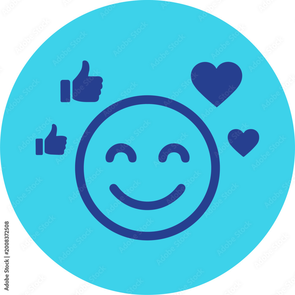 Fototapeta premium A smiling face with thumbs up and hearts on a blue background