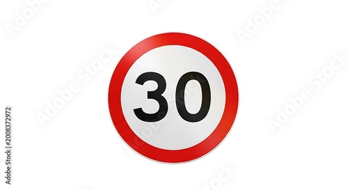 Circular thirty speed limit road sign against white background