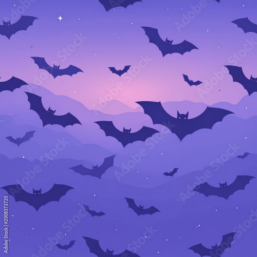 Bats Silhouette Flying Through Pixelated Purple Cloudy Sky At Night