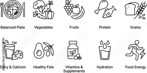 Cuadro en lienzo Healthy nutrition and balanced diet outline icon set featuring vegetables fruits protein grains vitamins hydration for healthcare lifestyle wellness minimal UI vector design