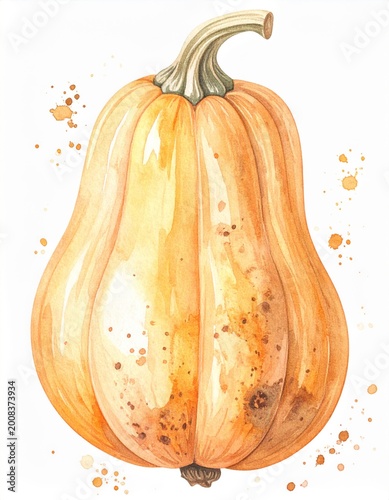 Watercolor Painting of Butternut Squash with Orange and Brown Tones on White Background