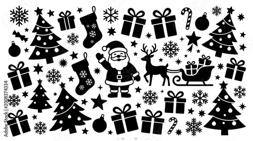 Christmas Icon Set with Santa and Trees