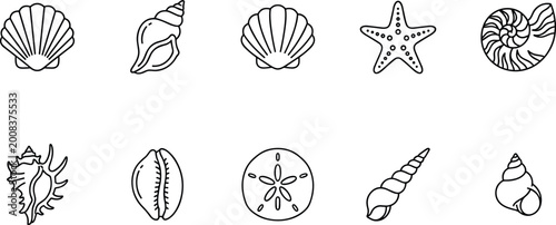 Tableau sur toile Sea shells and marine life outline icon set featuring starfish conch scallop nautilus for ocean nature travel beach tourism minimal UI vector design collection