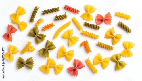 Assorted tricolor uncooked pasta pattern on white background.